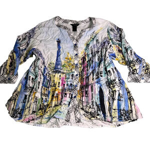 Ali Miles Button Up Tunic Top Womens 3X Paris France Cityscape Artsy Ecclectic